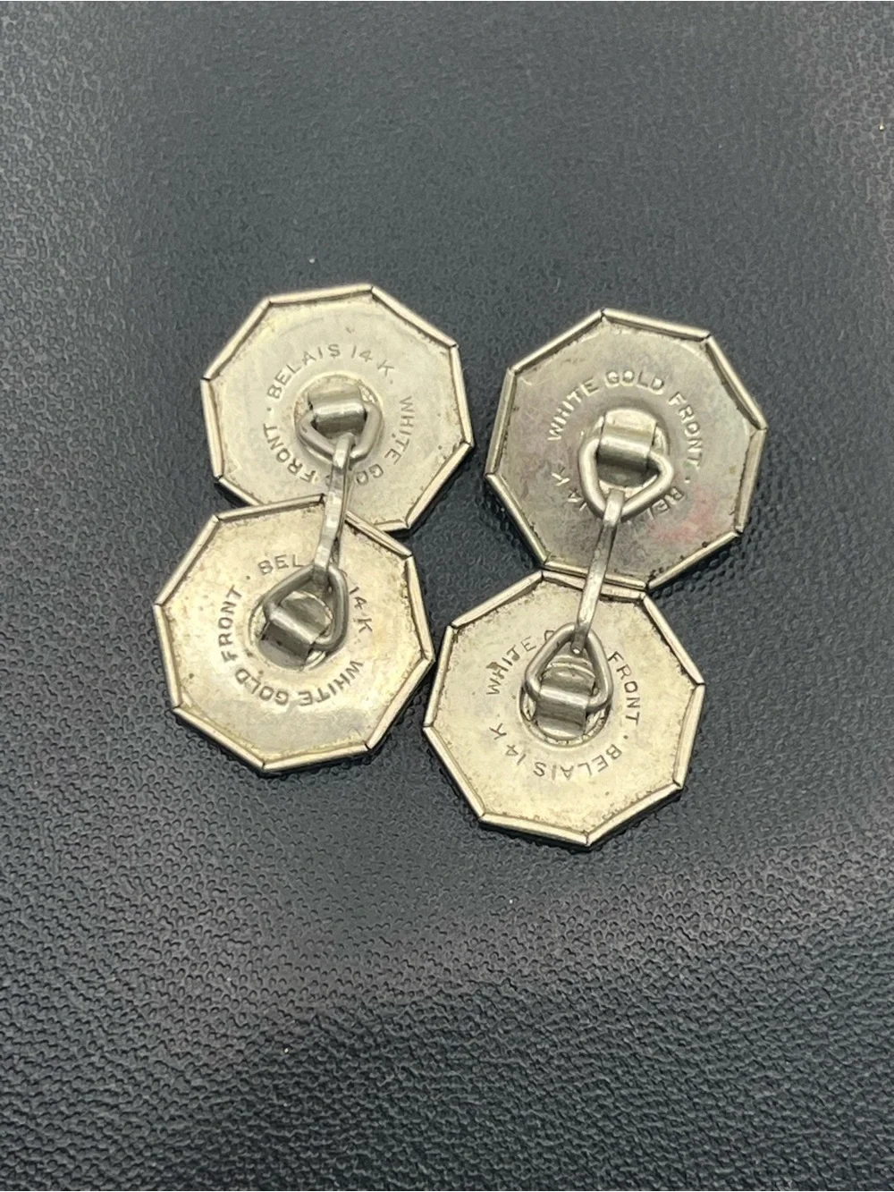 Belais 14k White Gold Front Etched Cuff links Art Deco flower snowflake design